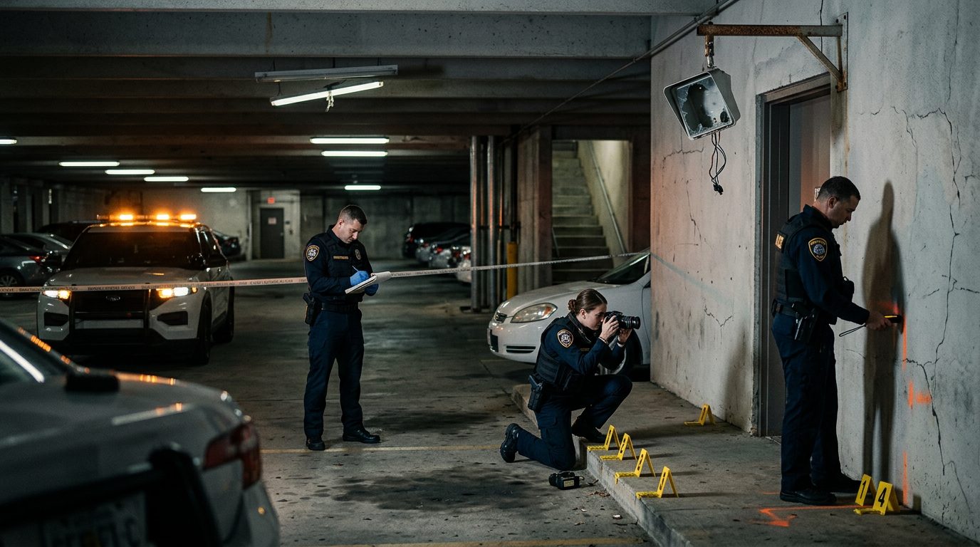 Investigators document broken cameras and poor lighting at parking garage entry points.