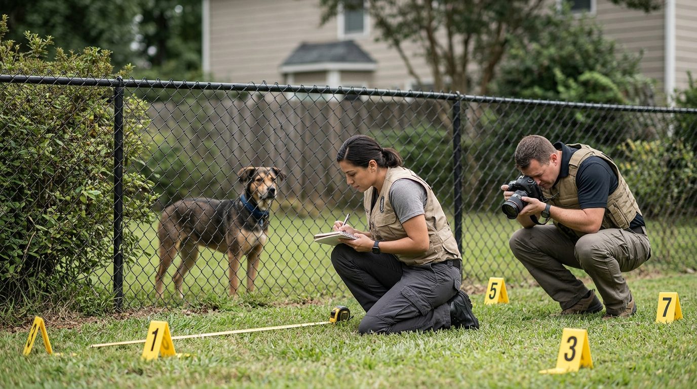 Investigadores marcan evidencias en un patio residencial donde un perro está detrás de una cerca.