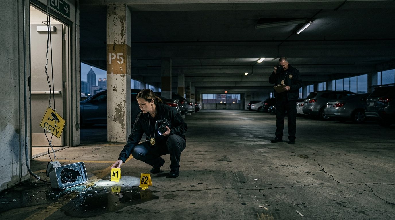 Investigators document poor lighting, a broken security camera, and evidence markers in a dimly lit parking garage.