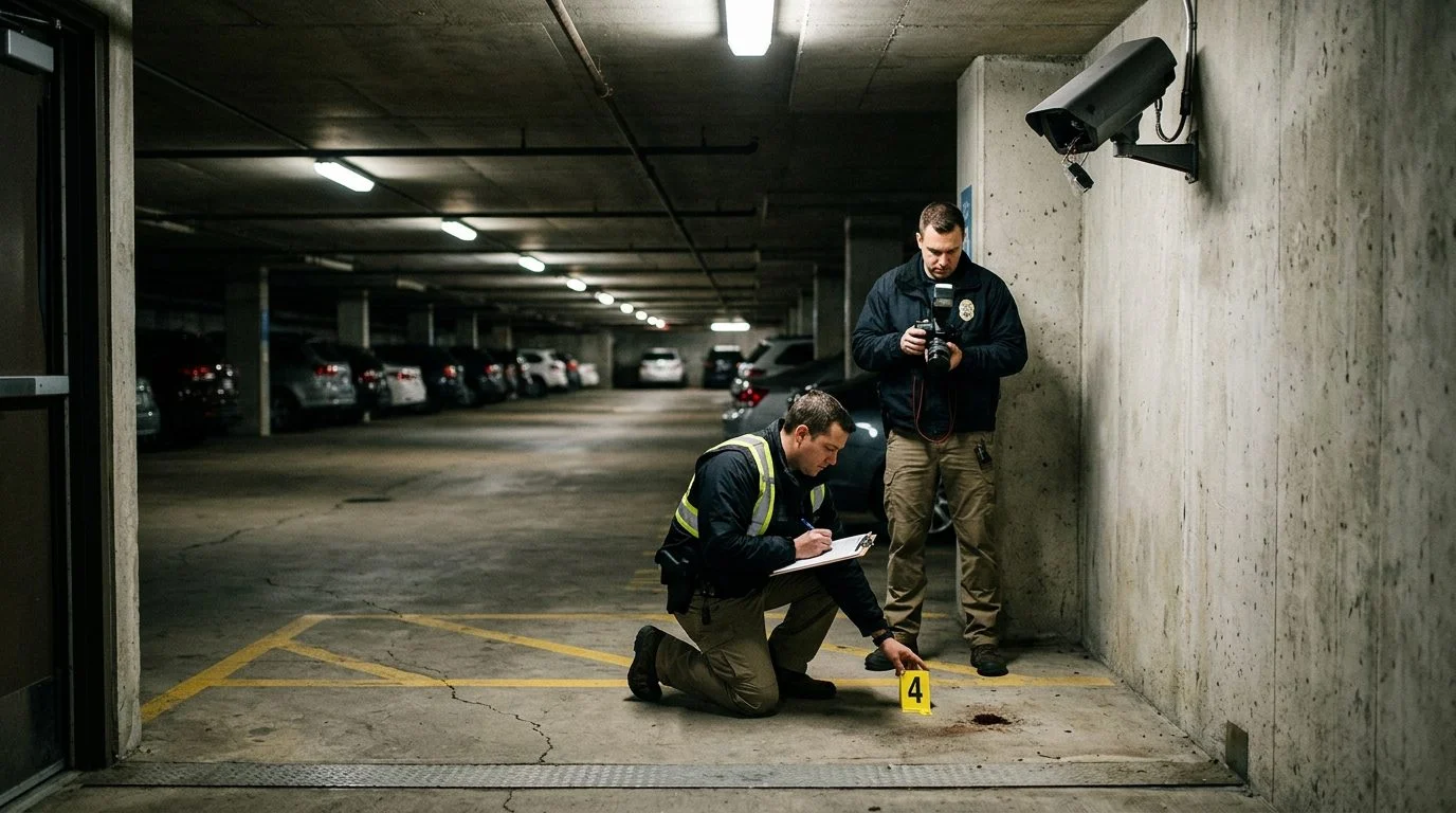Investigators document poor lighting, a broken security camera, and evidence markers in a dim parking garage.