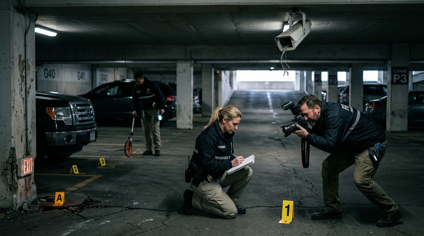 Investigadores documentan iluminación deficiente, una cámara de seguridad rota y marcadores de evidencia en un estacionamiento oscuro.