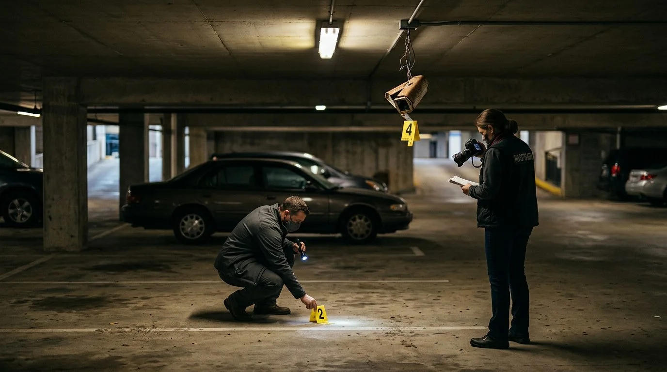 Investigadores documentan una cámara de seguridad dañada y marcadores de evidencia en un estacionamiento con poca luz.