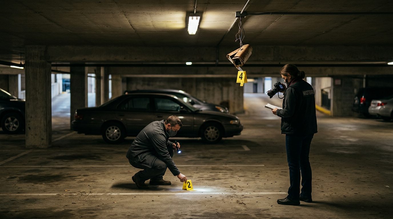 Investigators document poor lighting, a damaged security camera, and evidence markers in a dim parking garage.