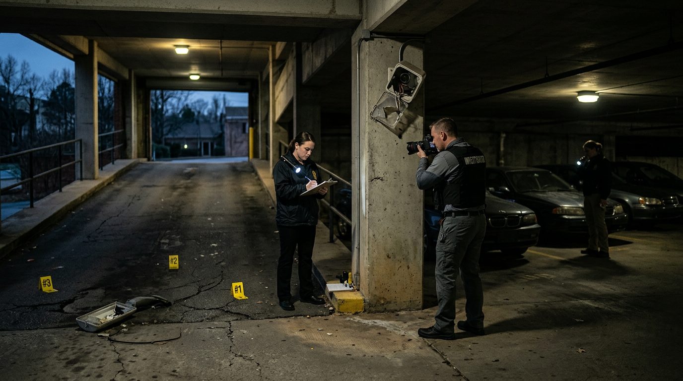 Investigators document poor lighting, broken camera housings, and evidence markers in a dim parking garage.