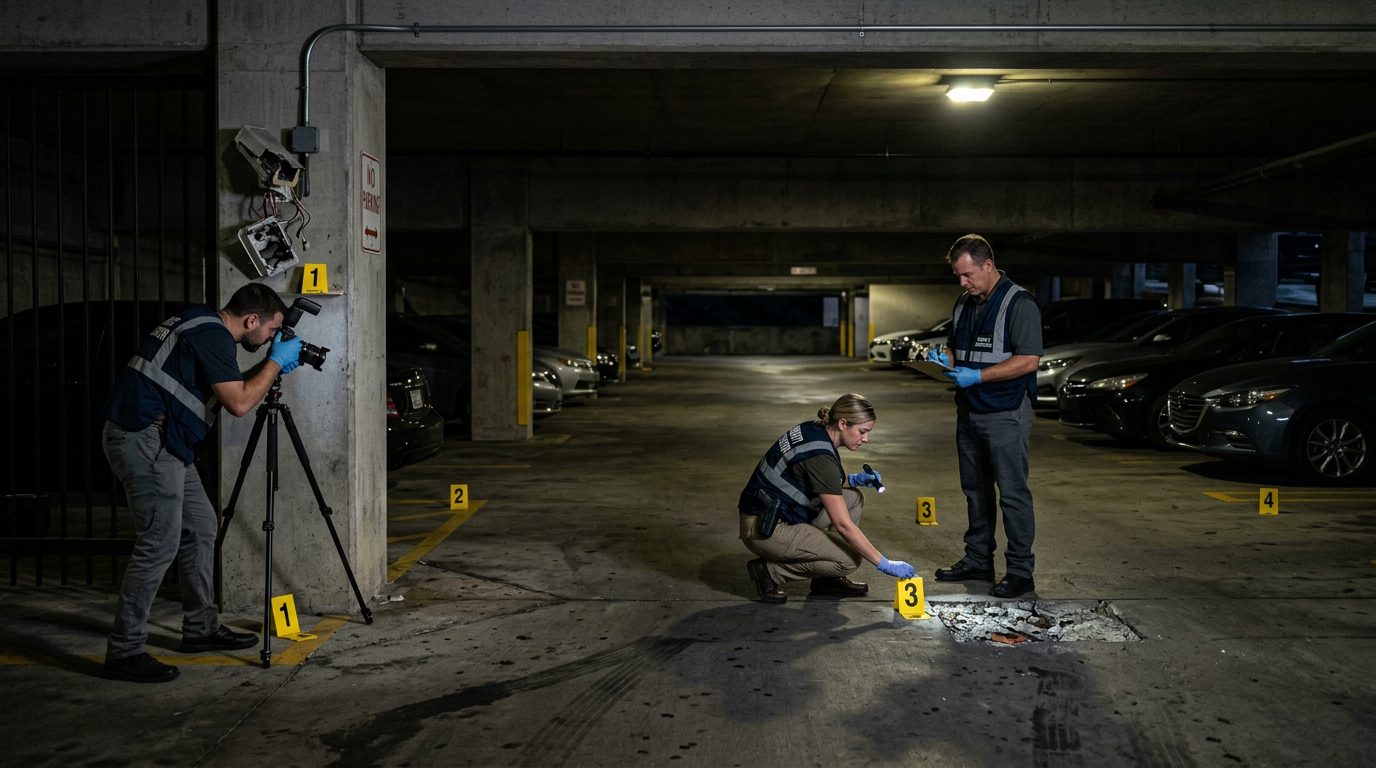 Investigadores documentan iluminación deficiente, cámaras rotas y marcadores de evidencia en un estacionamiento oscuro.