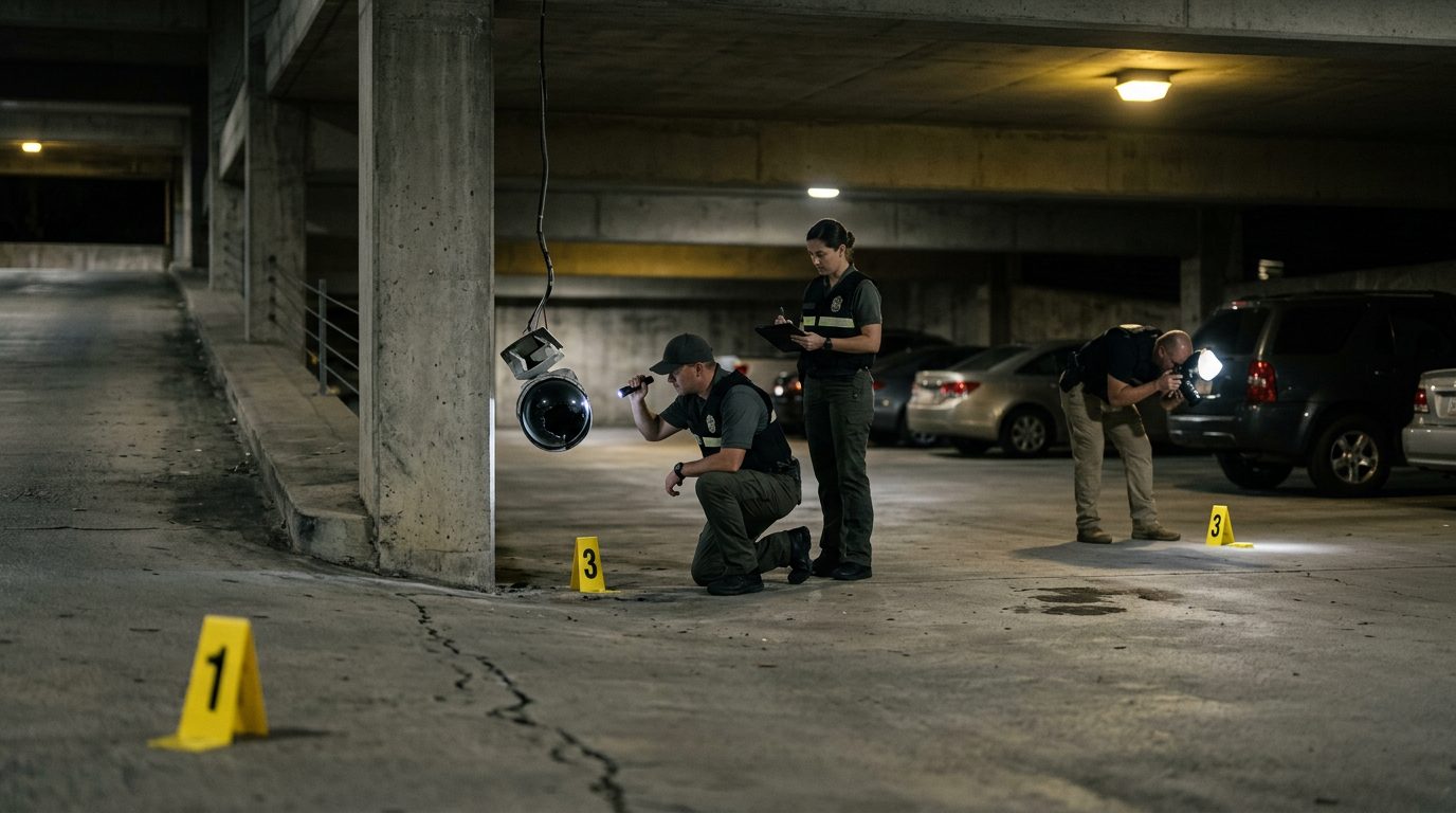 Investigators document poor lighting, broken cameras, and evidence markers in a dim parking garage.