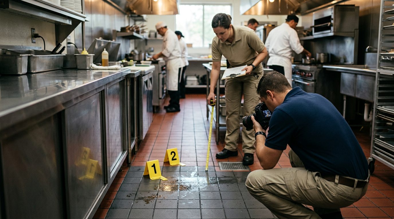 Investigators document wet tile, grease buildup, and evidence markers on a commercial kitchen floor after a slip and fall.