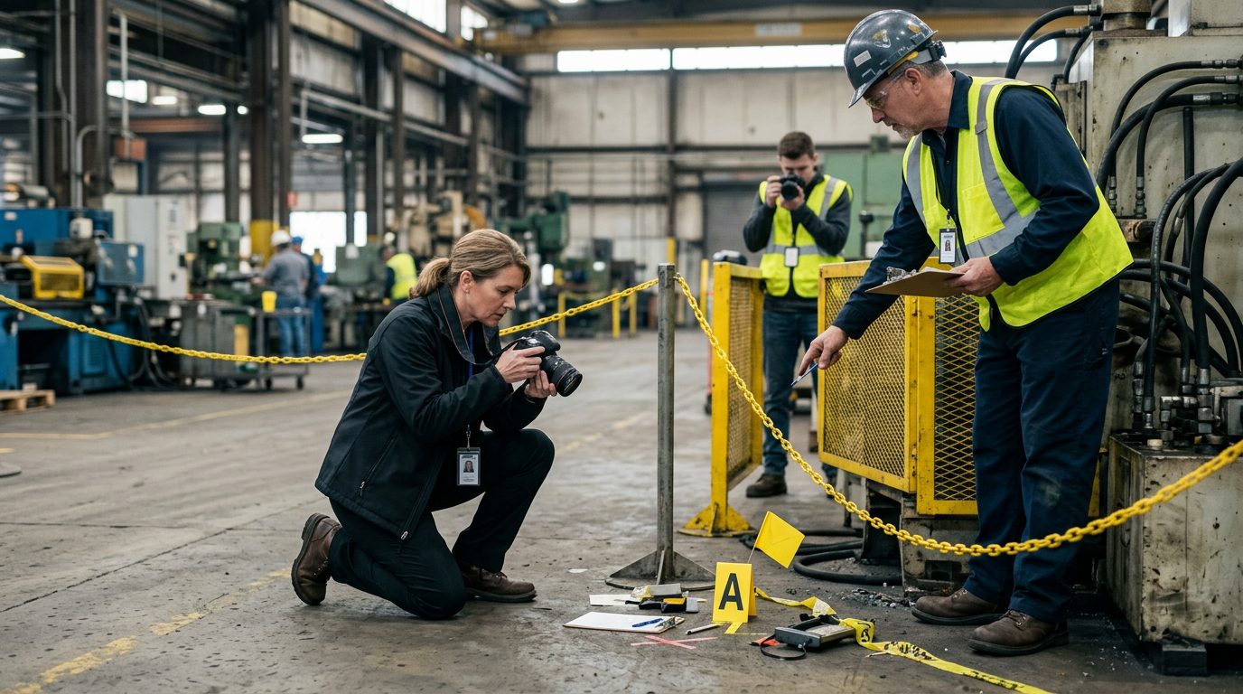 Investigators document workplace accident scene with safety equipment and evidence markers.