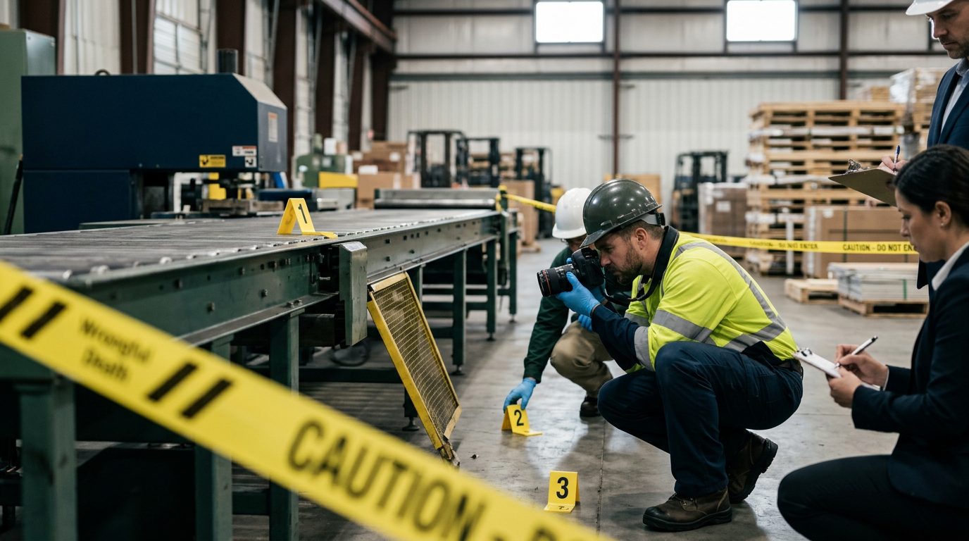 Investigators document workplace accident scene with safety equipment and evidence markers.