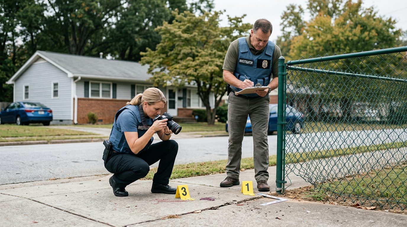 Investigators documenting a dog bite incident scene on a residential street with evidence markers and property details.