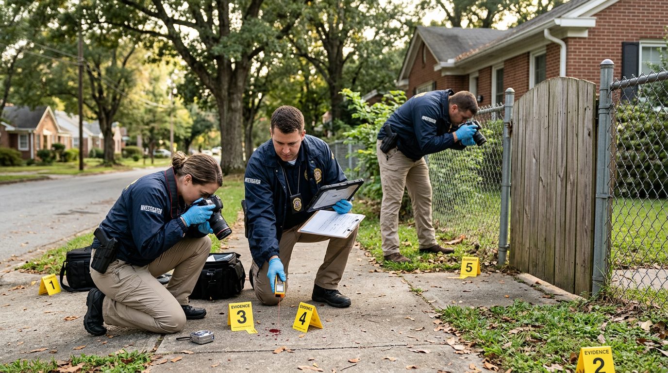 Investigators documenting a residential street scene with fencing and evidence markers near the spot of a dog bite.