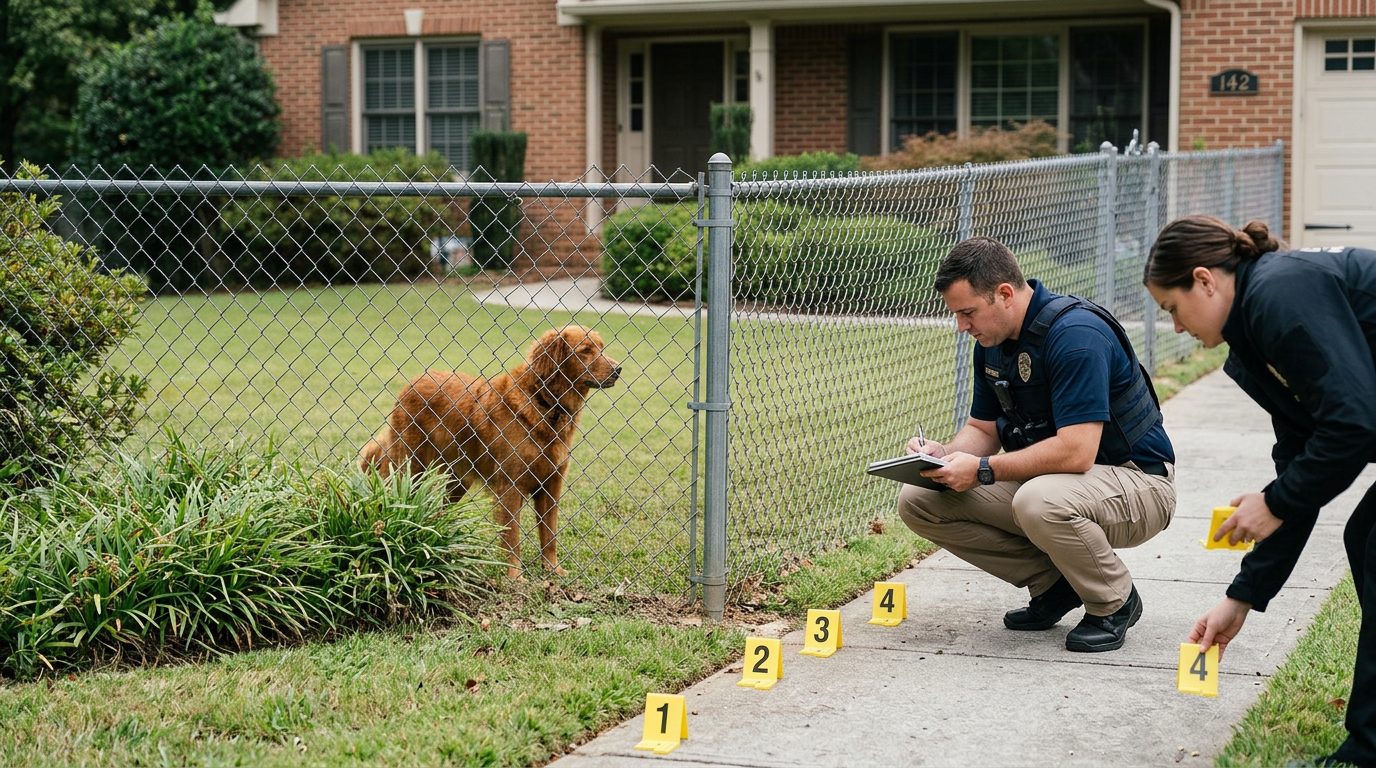 Investigadores marcan evidencias en el patio de una casa junto a una cerca donde hay un perro.