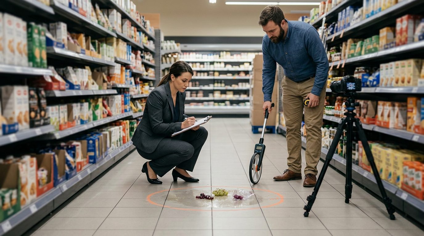Investigators documenting a wet, debris-strewn grocery store aisle with measuring equipment at a slip and fall scene.