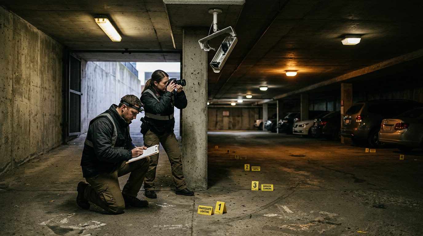 Investigators documenting broken surveillance cameras and poor lighting at entry points in a dimly lit parking garage.