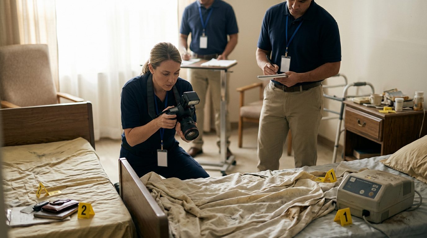 Investigadores documentan las condiciones de una habitación de residencia de ancianos, con marcadores de evidencia junto a la ropa de cama y el
