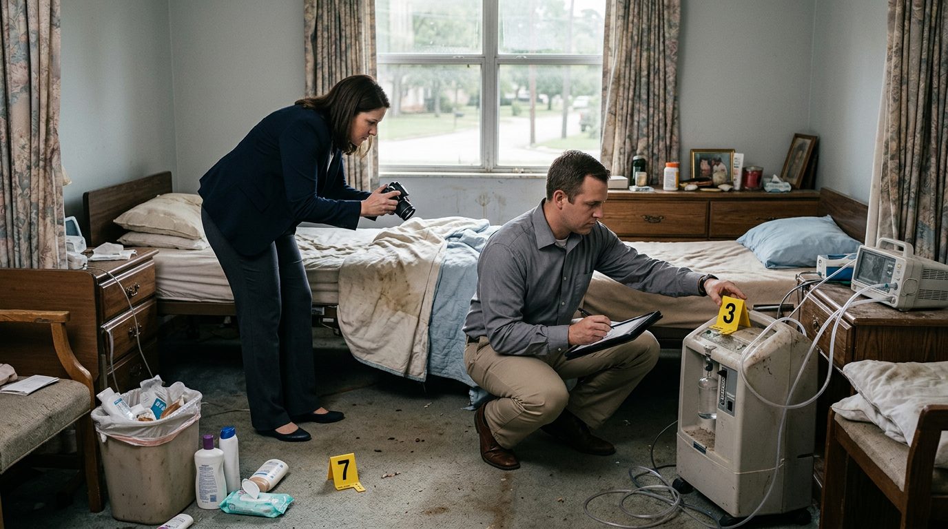 Investigators documenting neglect conditions in a nursing home resident room, including bedding, hygiene, and equipment.