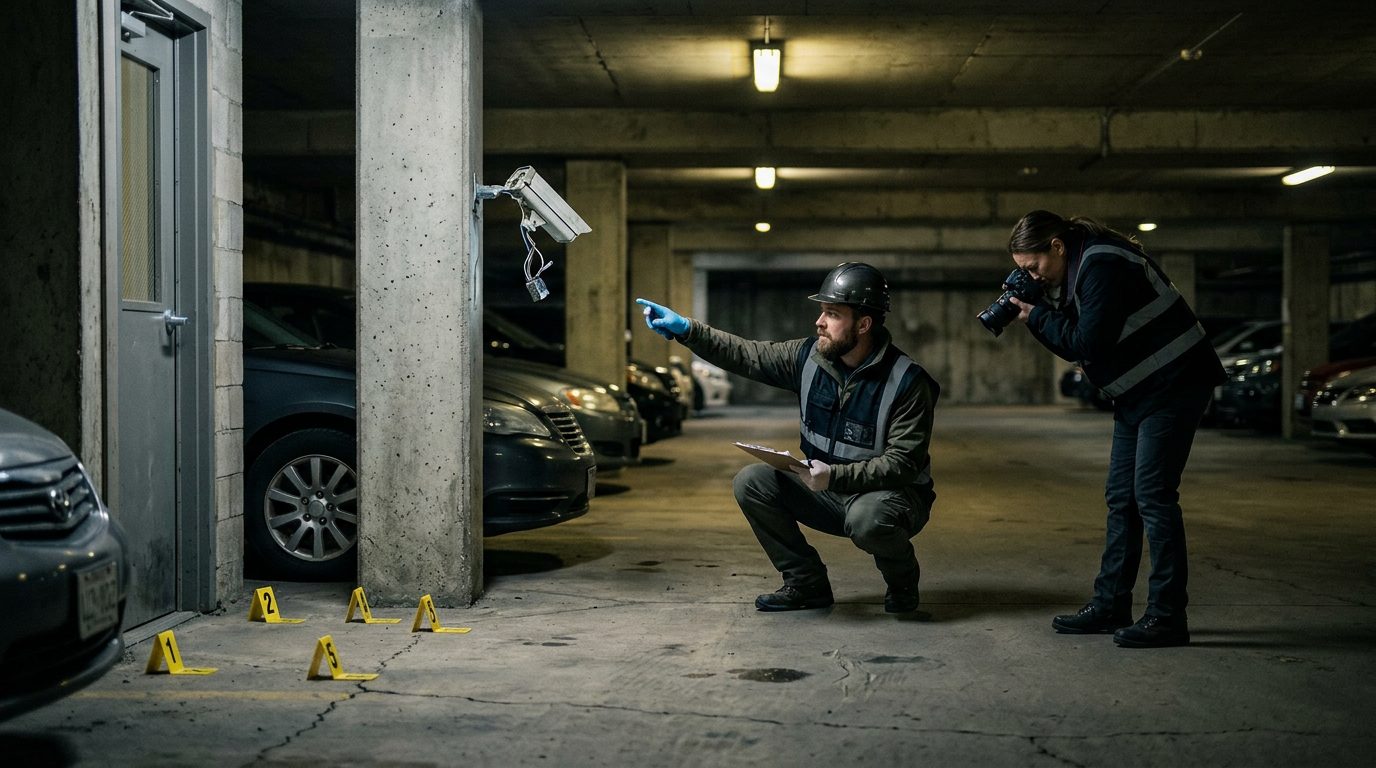 Investigadores documentan una cochera oscura con una cámara de seguridad rota y marcadores de evidencia.