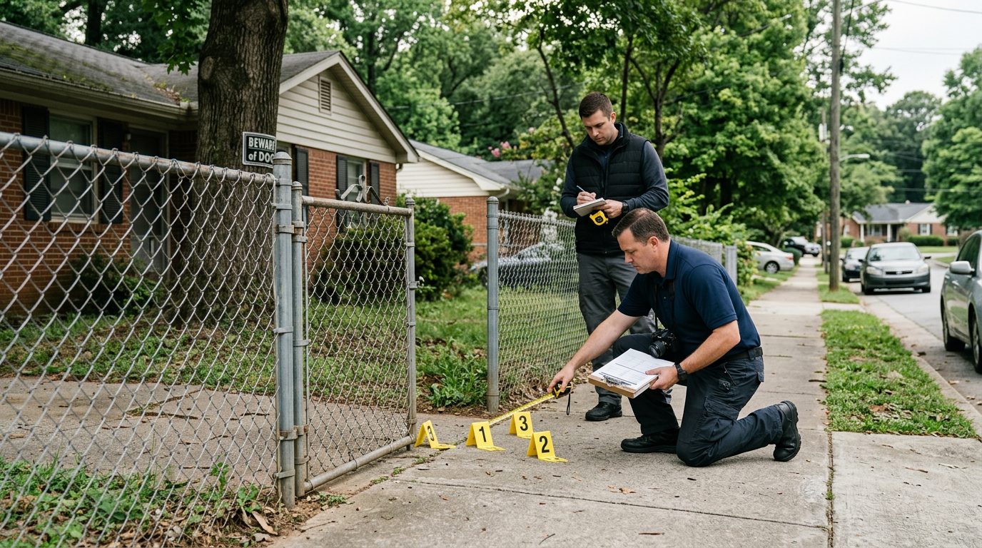 Investigators examine a residential street, fence, and evidence markers at a dog bite incident site.