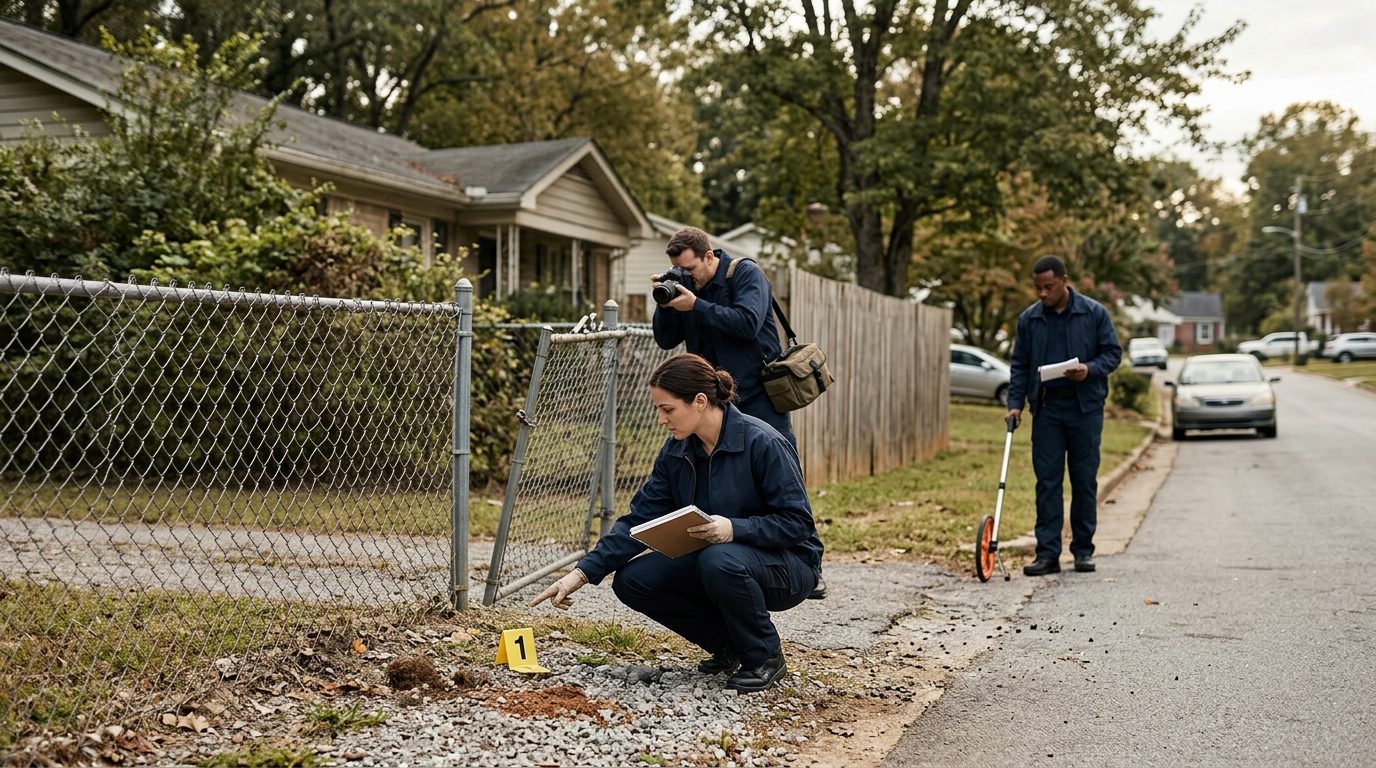 Investigators mark evidence and document fencing at a neighborhood street scene of a dog bite incident.
