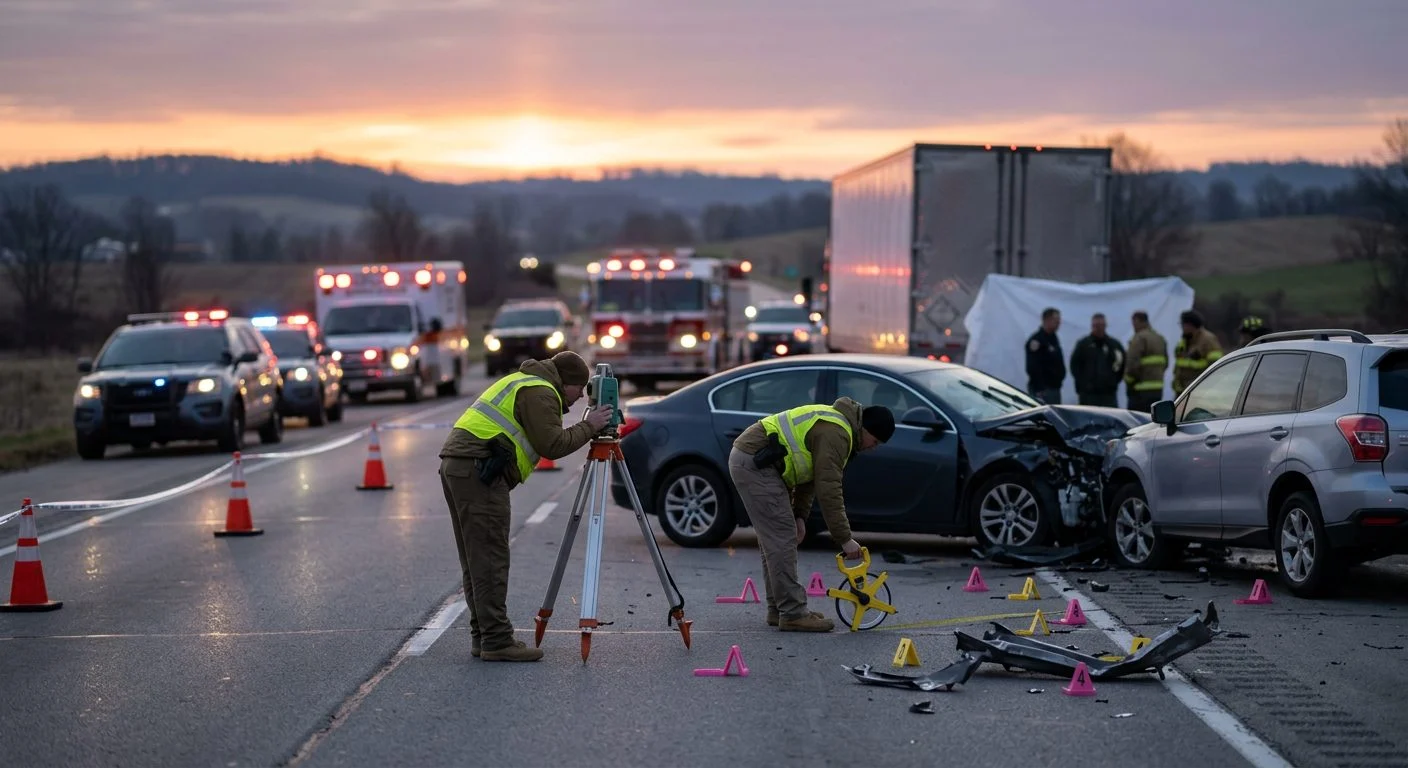 Investigators mark evidence and measure positions at a dawn highway crash scene beside emergency vehicles.