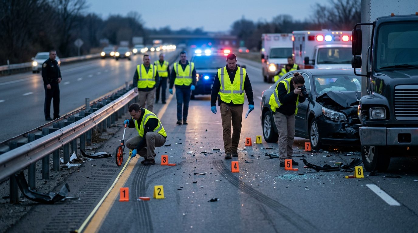 Investigators mark evidence and measure vehicle positions at a dawn highway crash scene.