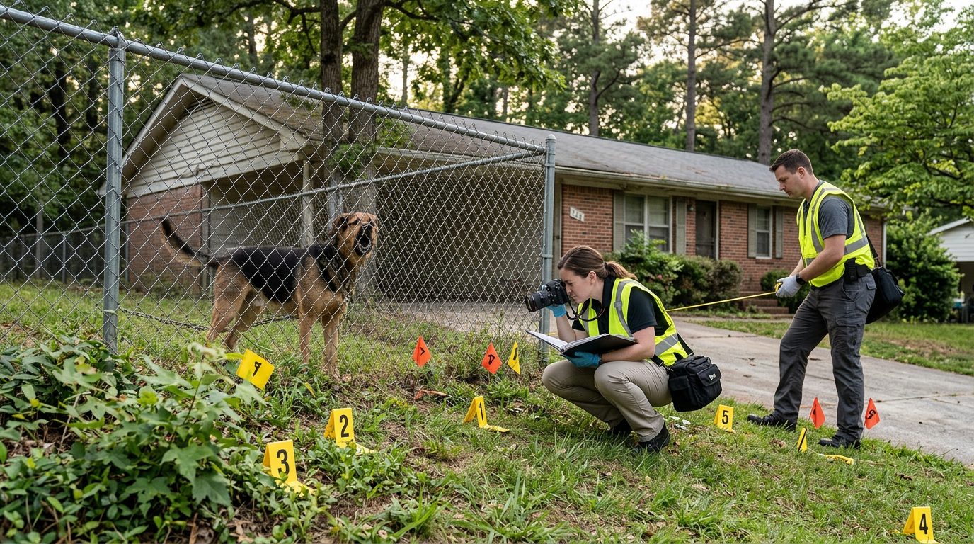 Investigators mark evidence around a residential yard where a dog stands behind a fence.