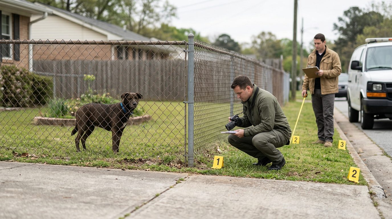 Investigators mark evidence in a residential yard near a fence where a dog stands.
