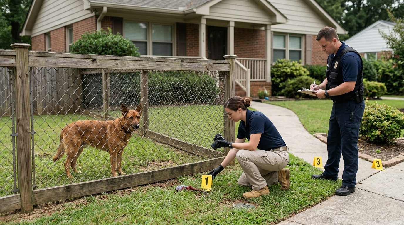 Investigators mark evidence in a residential yard where a dog stands behind a fence.