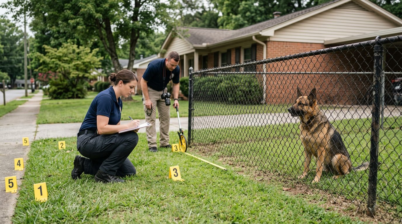 Investigators mark evidence in a residential yard where a dog stands behind a fence.