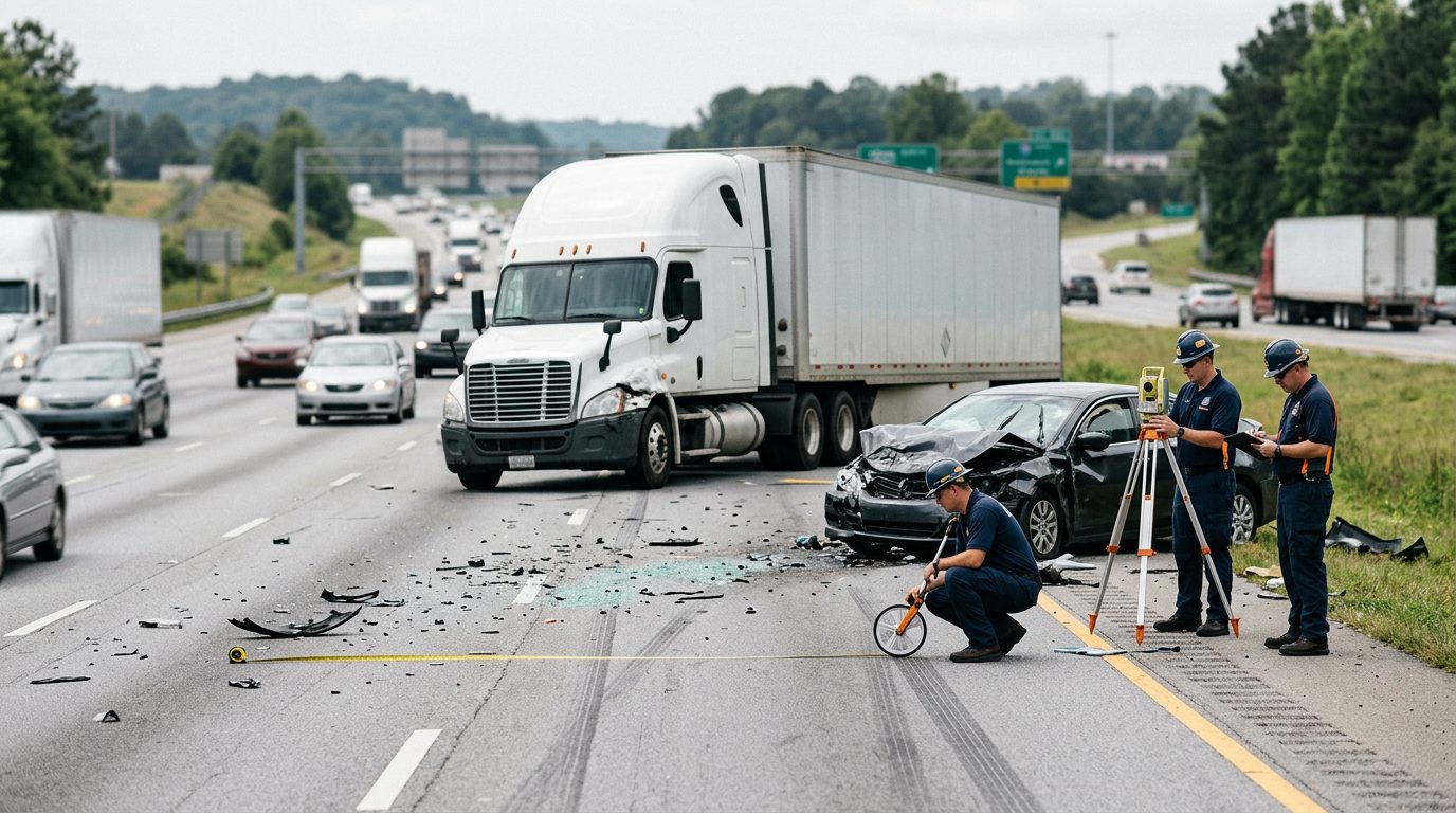 Investigators measure and document a commercial truck crash scene with debris and skid marks on a multi-lane highway.