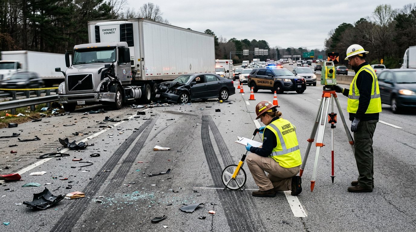 Investigators measure and document a commercial truck crash scene with debris and skid marks on a multi-lane highway.