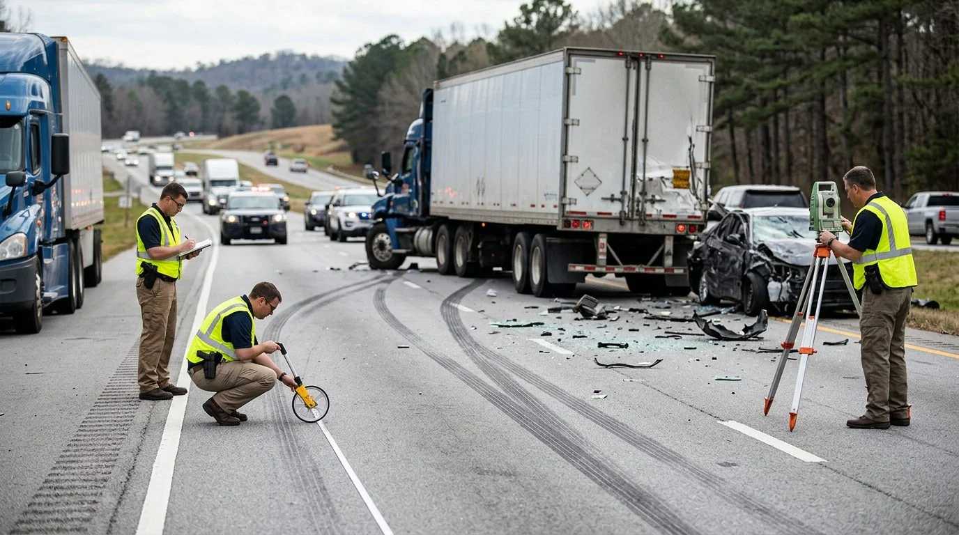 Investigators measure and document a crash scene with a wrecked commercial truck and debris on a multi-lane highway.