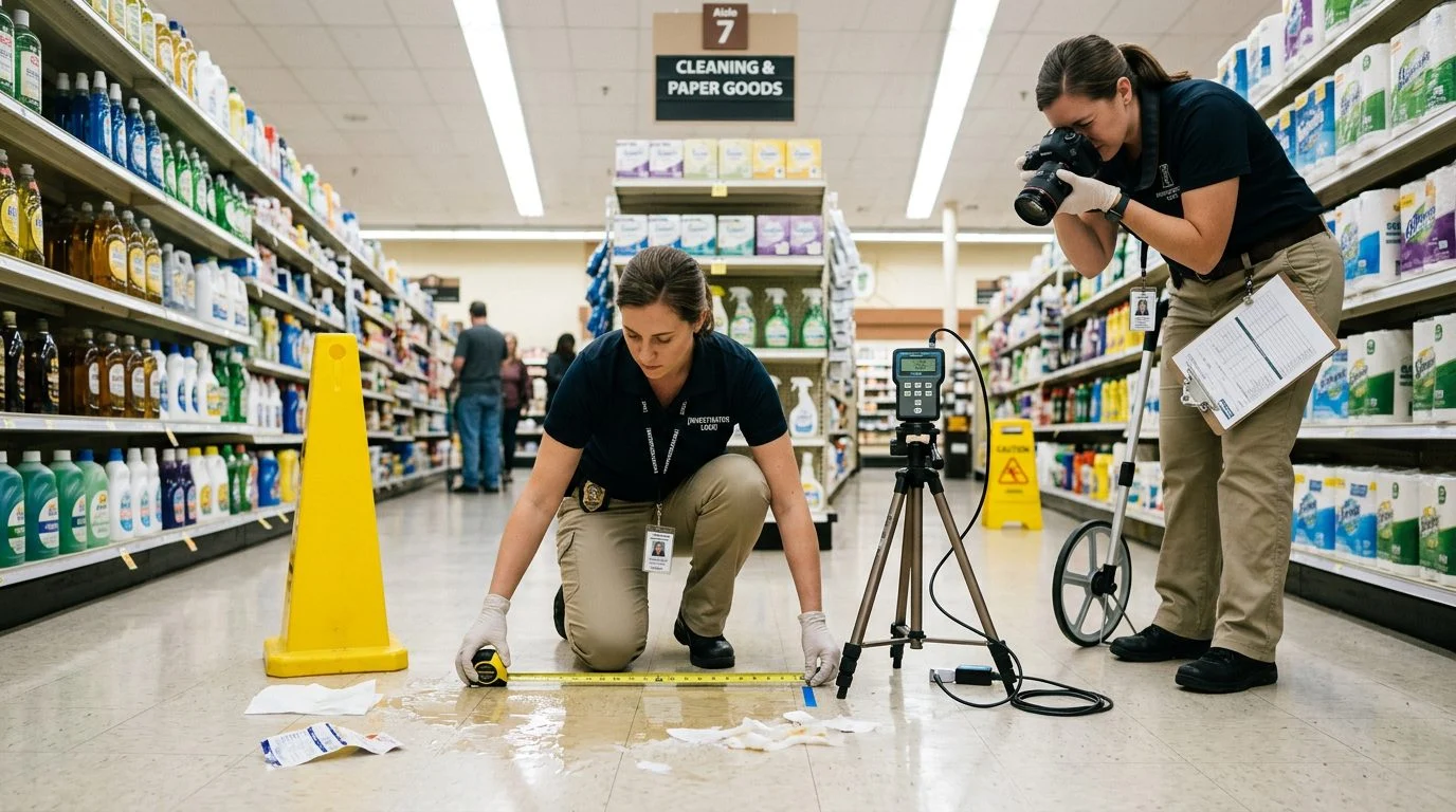 Investigators measure and document a wet, debris-strewn grocery store aisle where a slip and fall occurred.