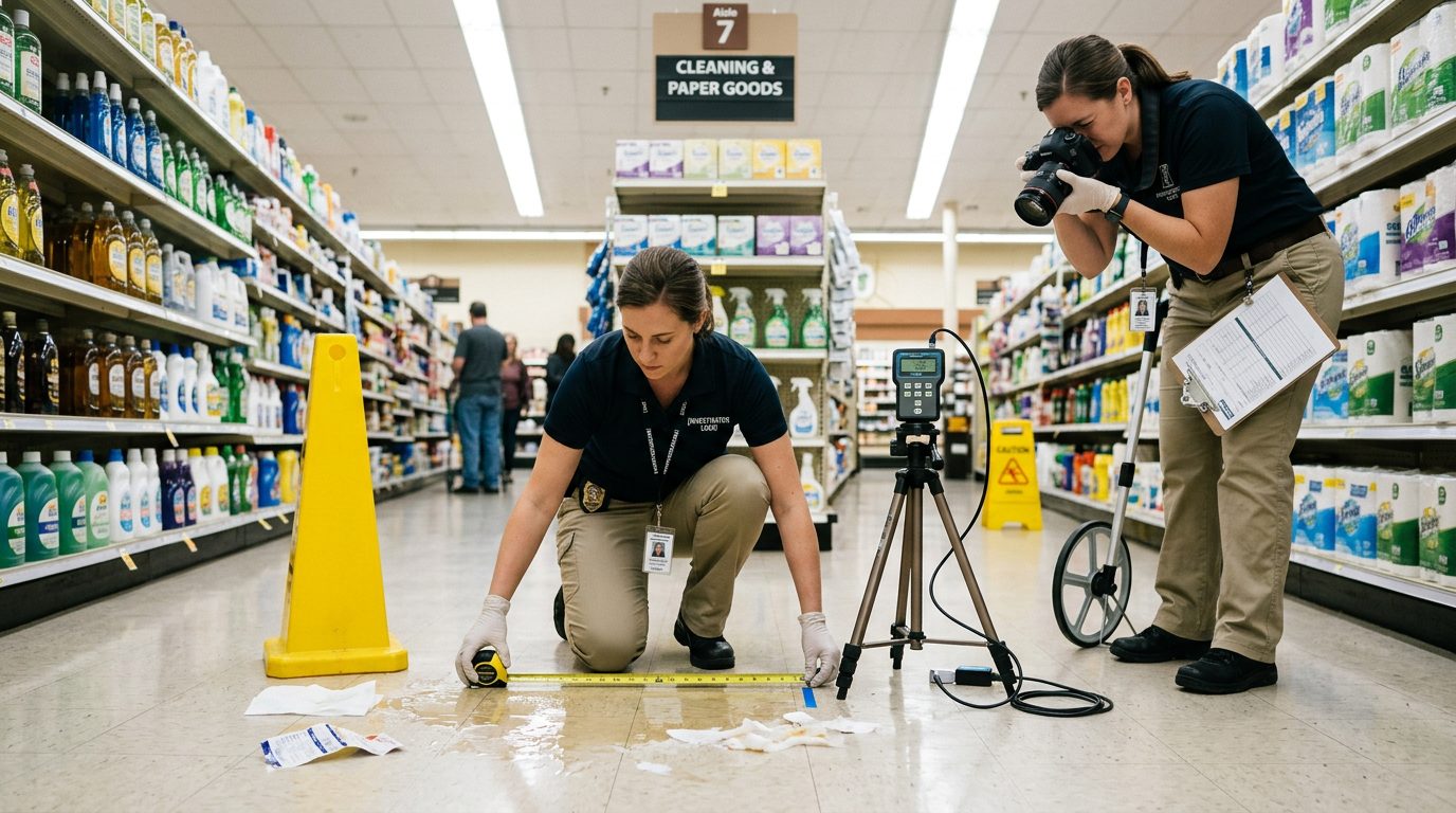 Investigadores miden y documentan un pasillo de supermercado mojado y lleno de escombros donde ocurrió una caída.