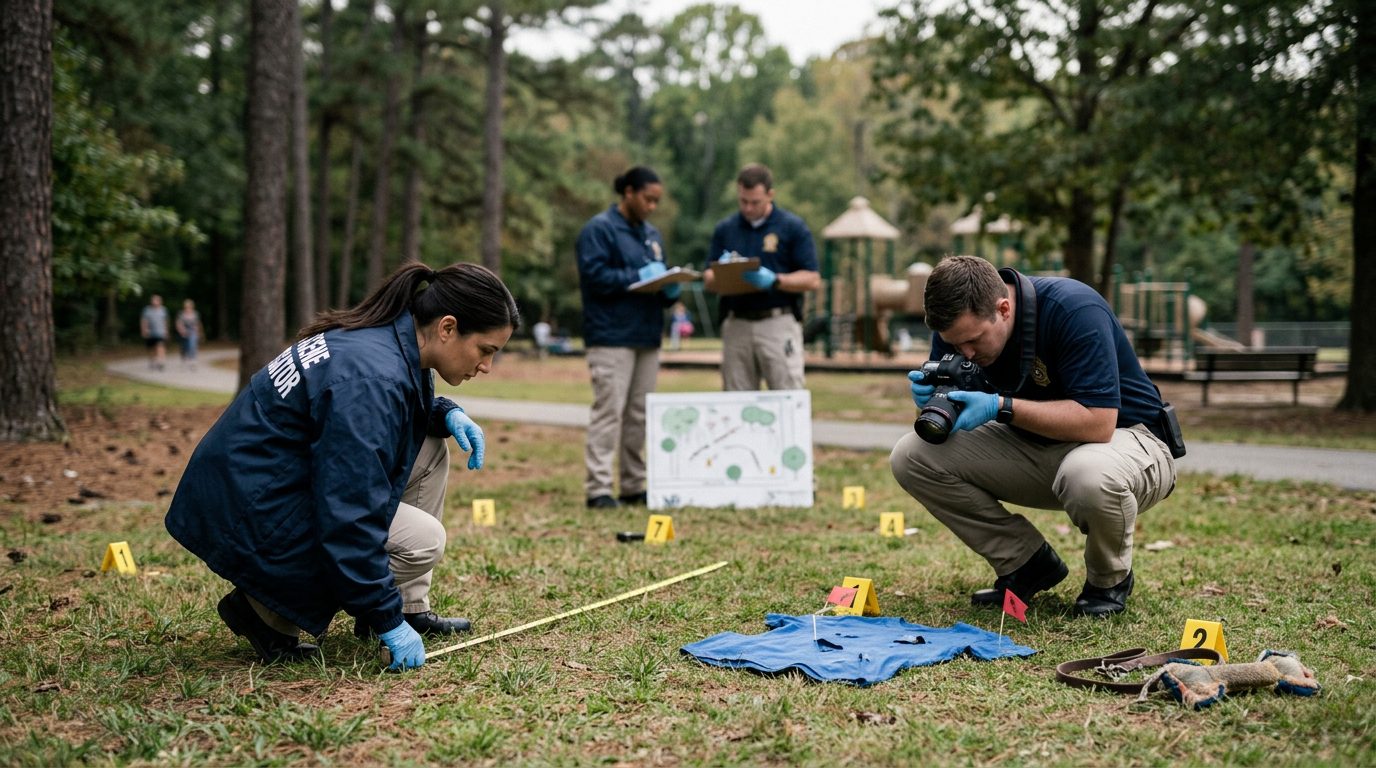 Investigators measure distances and photograph evidence at a public park where a dog bite occurred.