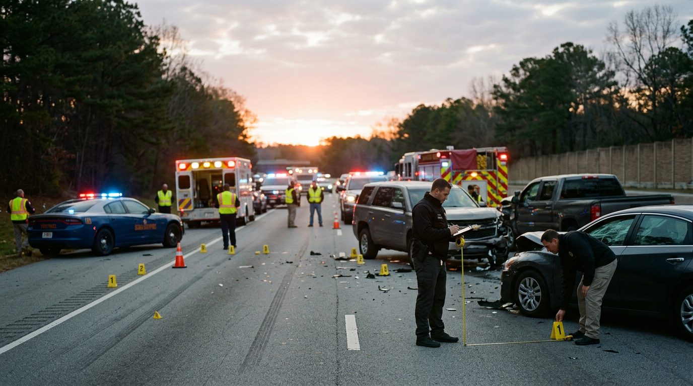 Investigators measure vehicle positions and mark evidence at a dawn highway crash scene with emergency vehicles.