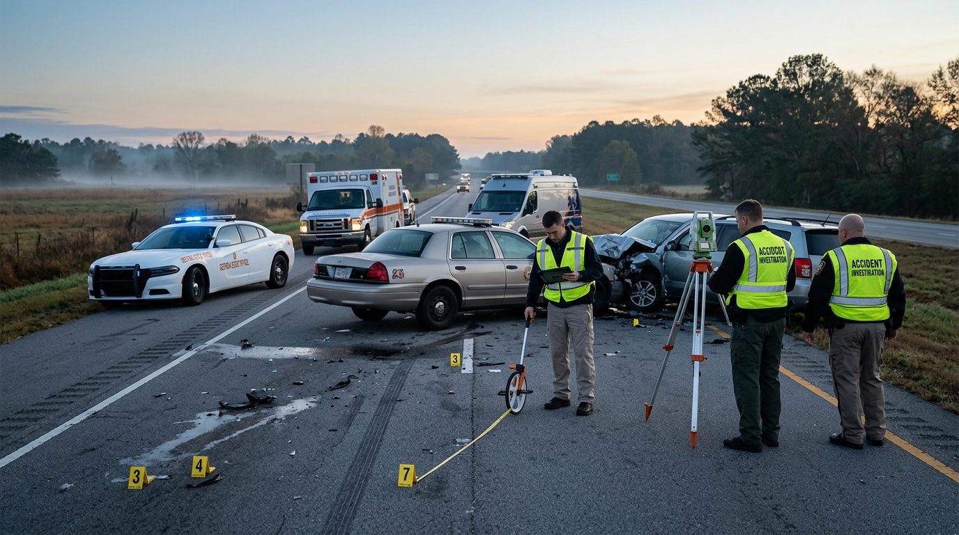 Investigators measure vehicle positions and mark evidence at a dawn highway crash scene with emergency vehicles nearby.