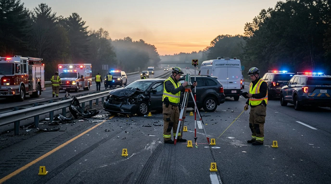 Investigators measure vehicle positions and mark evidence at a dawn highway crash scene with emergency vehicles.