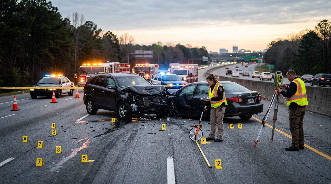 Investigators measure vehicle positions and mark evidence at a dawn highway crash scene with emergency vehicles nearby.