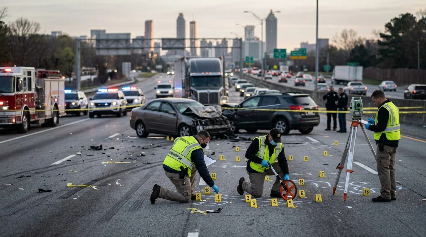 Investigadores miden posiciones de vehículos y colocan marcadores de evidencia en una escena de accidente en la carretera al amanecer.
