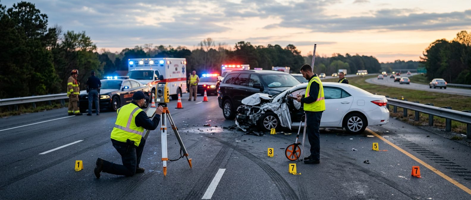 Investigadores miden la posición de los vehículos y colocan marcadores de evidencia en una carretera al amanecer, con vehículos de emergencia cerca.