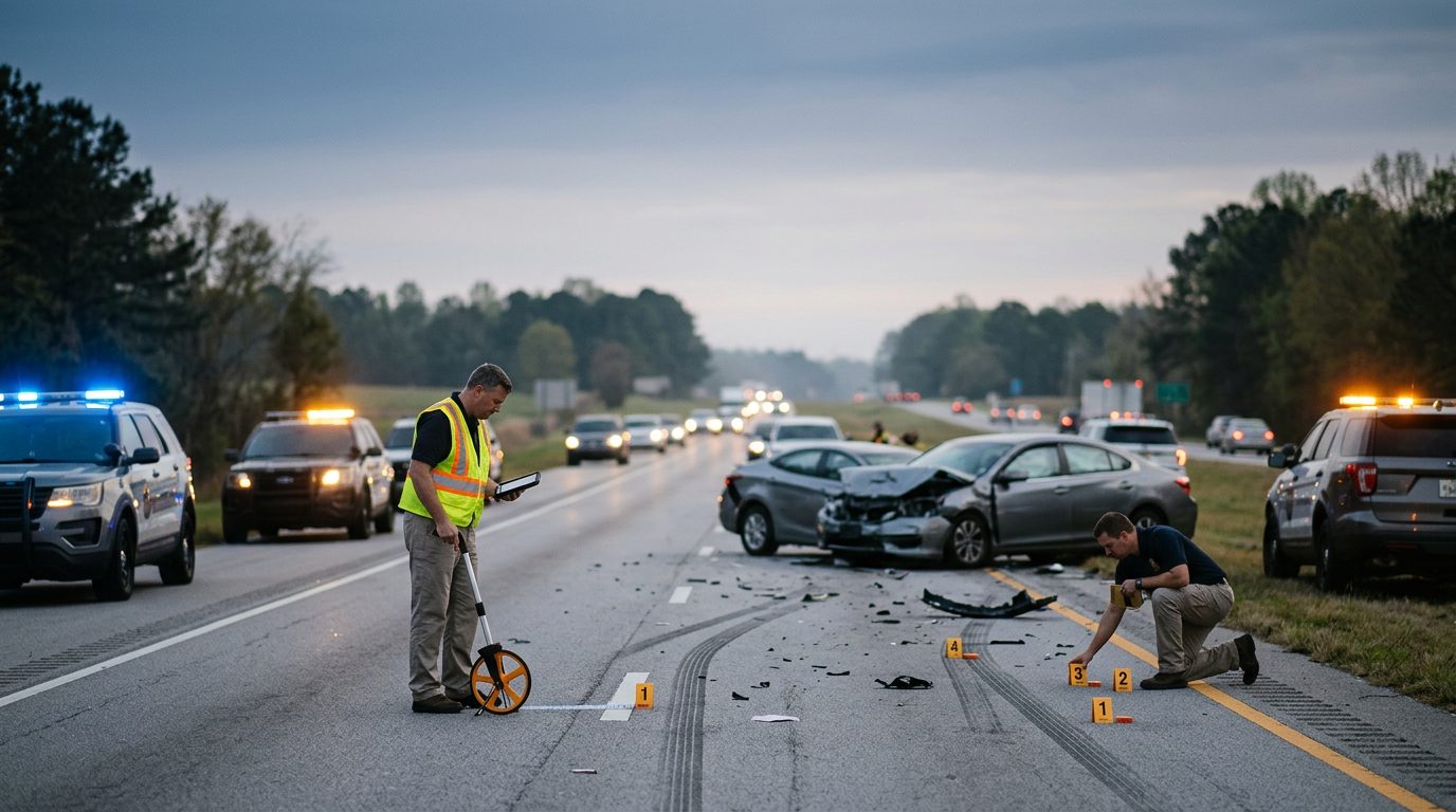 Investigadores miden la posición de los vehículos y colocan marcadores de evidencia en una carretera al amanecer, junto a vehículos de emergencia.