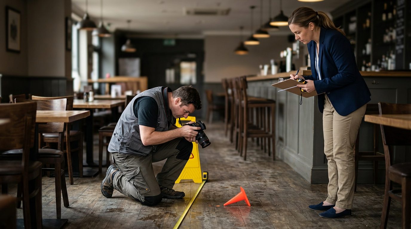 Investigadores fotografían y miden el piso de un restaurante donde ocurrió una caída en Georgia.