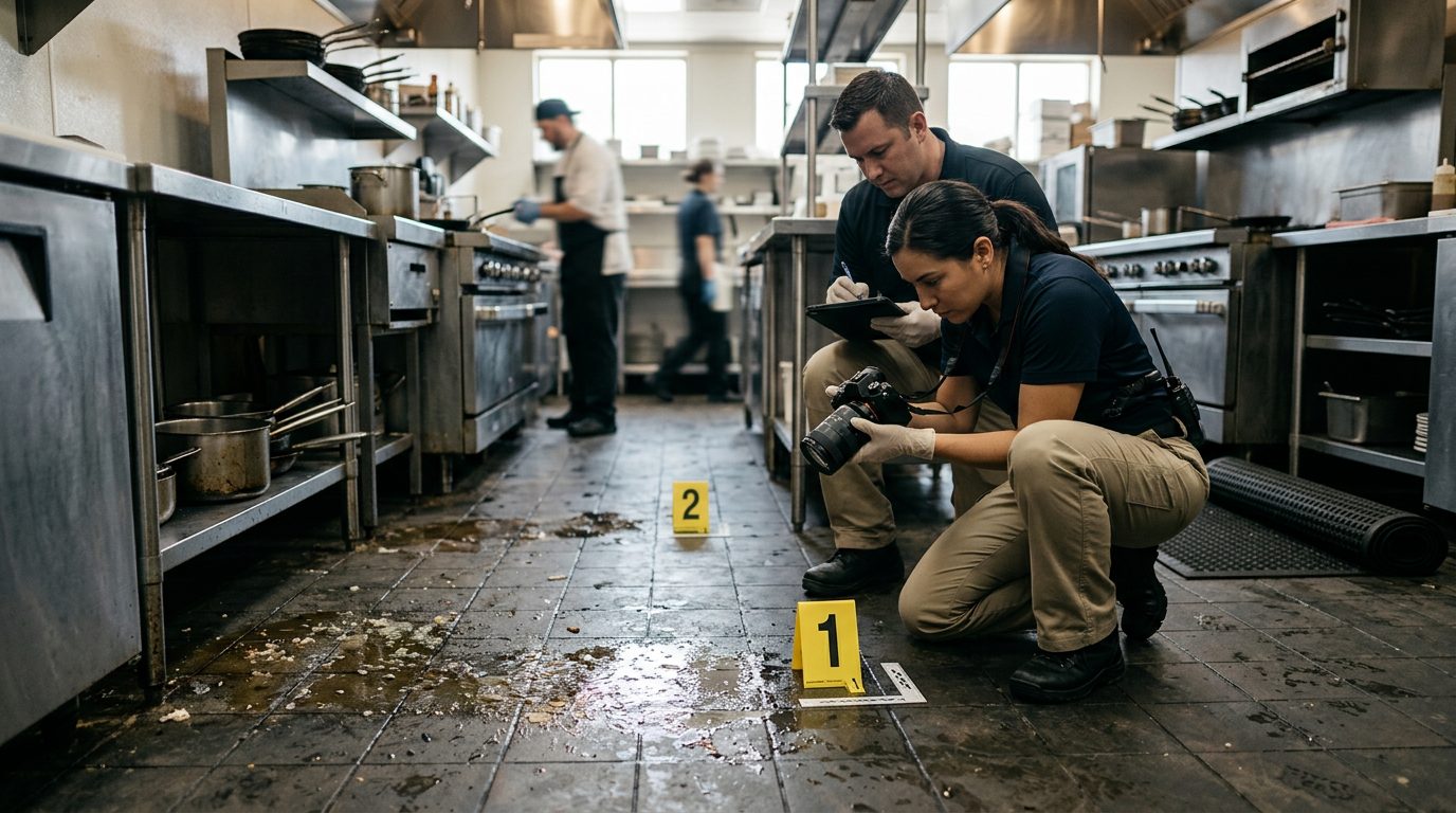 Investigators photograph a wet commercial kitchen floor and evidence markers at a slip and fall site.
