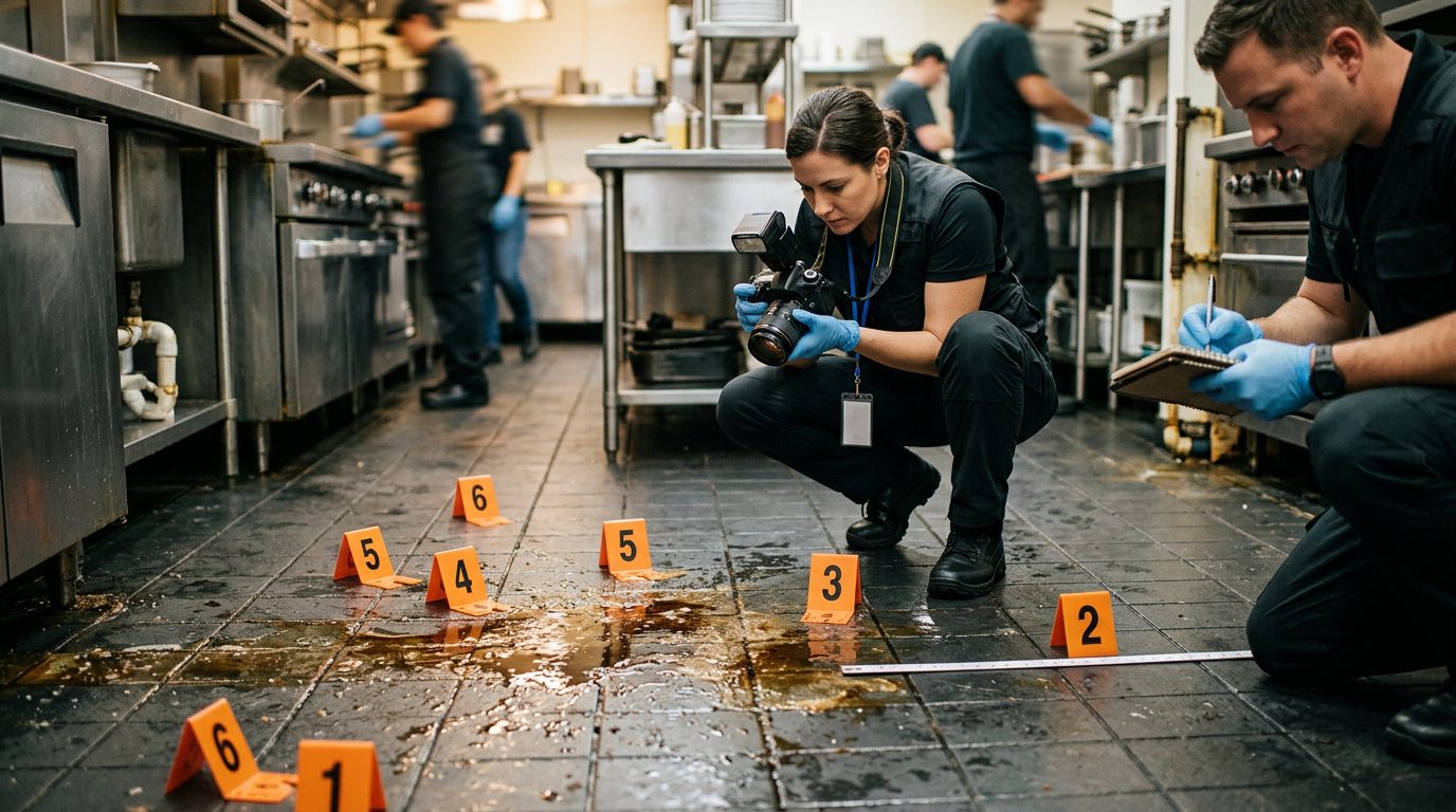 Investigadores fotografían un suelo de cocina comercial mojado y marcan evidencias cerca de una mancha de grasa donde ocurrió una caída.