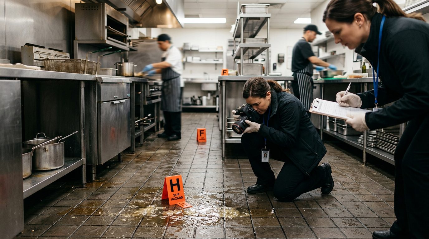 Investigators photograph a wet commercial kitchen floor with evidence markers near a slip hazard.