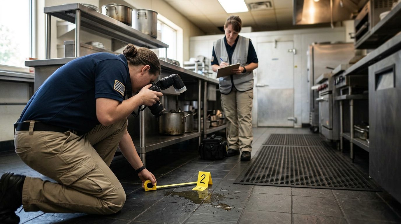Investigators photograph a wet commercial kitchen floor with evidence markers at a restaurant slip and fall scene.