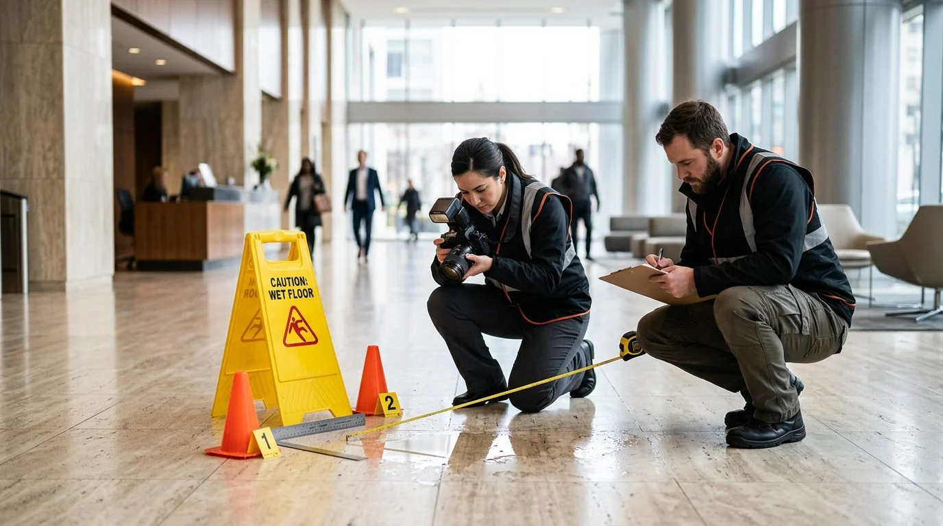Investigadores fotografían un piso mojado y miden el lugar de una caída en un edificio comercial.