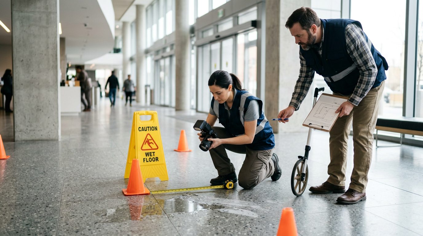 Investigators photograph a wet floor and measure the spot of a slip-and-fall incident inside a commercial building.