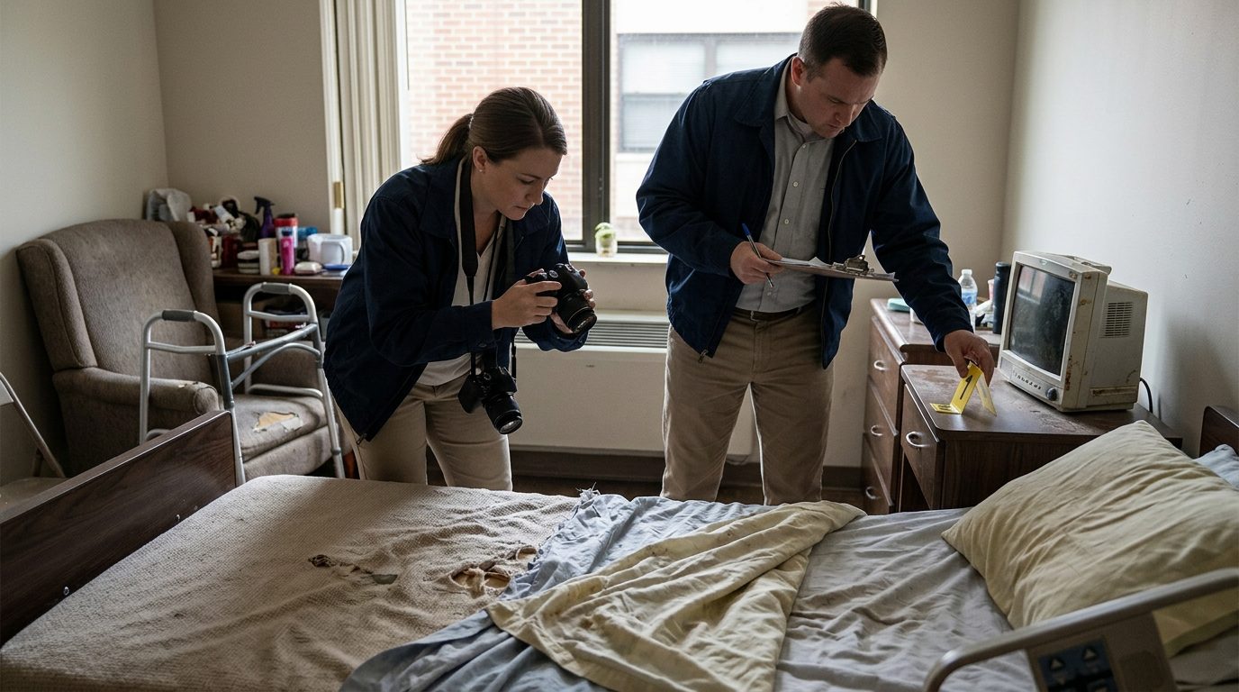 Investigadores fotografían y marcan pruebas de descuido en la habitación de una residente de un asilo, con ropa de cama sucia y equipo.